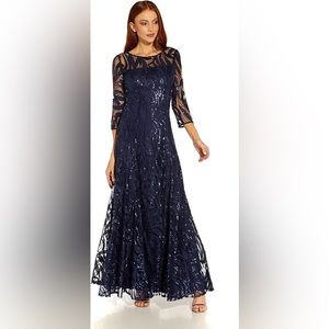 Adrianna Papell Embroidered  Gown-  Navy size 12